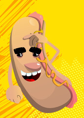 Hot Dog confused, scratching his head. American fast food as a cartoon character with face.