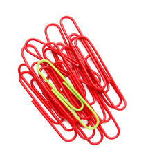 Green paper clip among red ones on white background. Concept of uniqueness