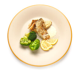 Plate with tasty baked cod fillet, broccoli and sauce on white background