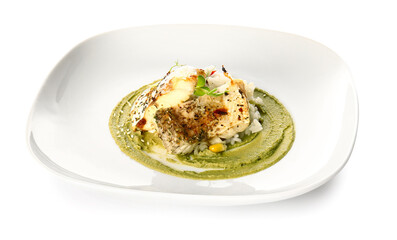 Plate with tasty baked cod fillet, rice and guacamole sauce on white background