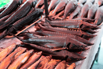Smoked fish on the shelves of the Volga region. Close-up image