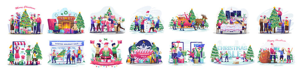 Set of Christmas concept illustration with people and family celebrate holiday Christmas and new year. Family shopping at the supermarket with their children flat vector illustration