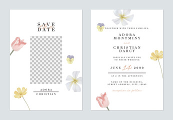 Floral wedding invitation card template, various flowers on white