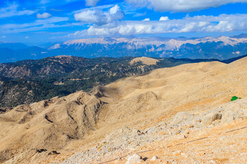 View of the Taurus mountains from a top of Tahtali mountain near Kemer, Antalya Province in Turkey