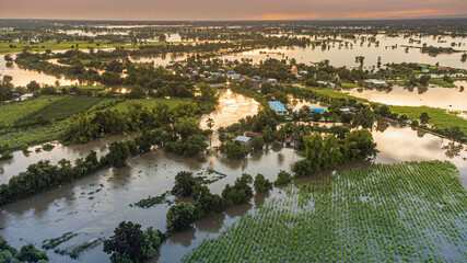 Fototapeta premium aerial view images from drone of Community and agricultural regions are being flooded.
