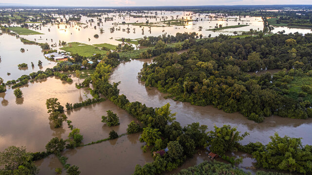 aerial view images from drone of Community and agricultural regions are being flooded.