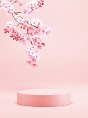 japanese style minimal background. Pink podium and cherry blossom background for product presentation. 3d rendering illustration. © allme3d