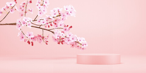 japanese style minimal background. Pink podium and cherry blossom background for product presentation. 3d rendering illustration. © allme3d