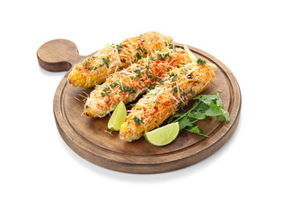 Wooden board with tasty Elote Mexican Street Corn on white background