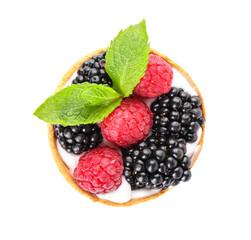 Tasty berry tart on white background