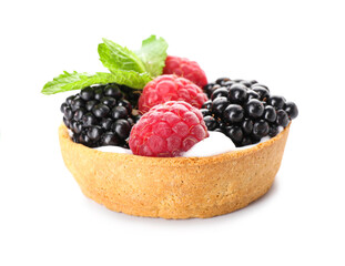 Tasty berry tart on white background