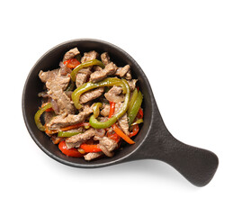 Frying pan with tasty beef Fajita on white background