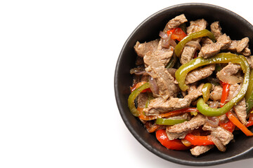 Frying pan with tasty beef Fajita on white background