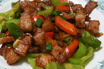 fried pork with bell pepper and soy sauce and mushroom sauce