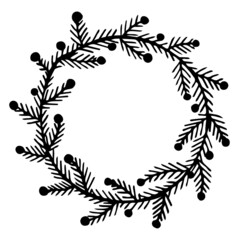 Fototapeta na wymiar Festive wreath of spruce branches and holly berries. Hand drawn vector icon. Doodle isolated on white background. Pine twigs with thorns and seeds. Christmas monochrome element.