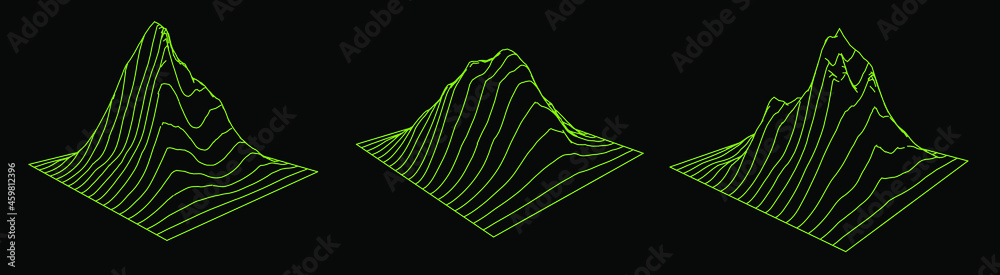 Aufkleber Set of a glitched and distorted 3d models. Abstract vector elements with wireframe grid.
