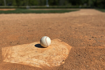 Baseball at home plate with copy space on infield dirt