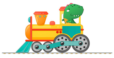 Train with cute little dinosaur in cartoon style. Vector colorful illustration for school, preschool kids design.
