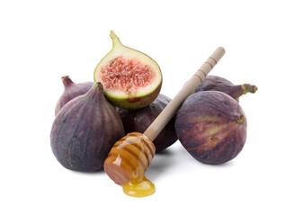 Dipper with spilled honey and fresh figs on white background