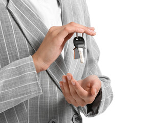 Real estate agent on white background, closeup