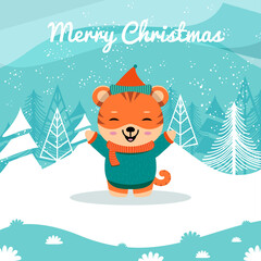 Illustration of cute tiger animal in the snow, for Christmas greetings, can be used for greeting cards, banners, posters, or other design needs.