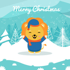 Illustration of cute lion animal in the snow, for Christmas greetings, can be used for greeting cards, banners, posters, or other design needs.