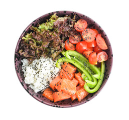 Tasty poke bowl on white background