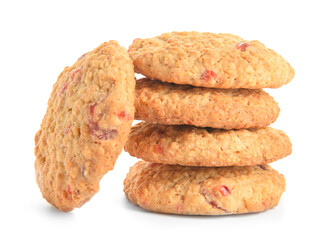 Stack of tasty cranberry cookies on white background