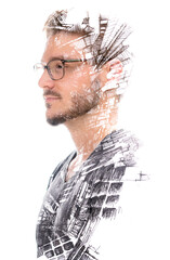 Paintography. Portrait of a young man with glasses and a creative line drawing