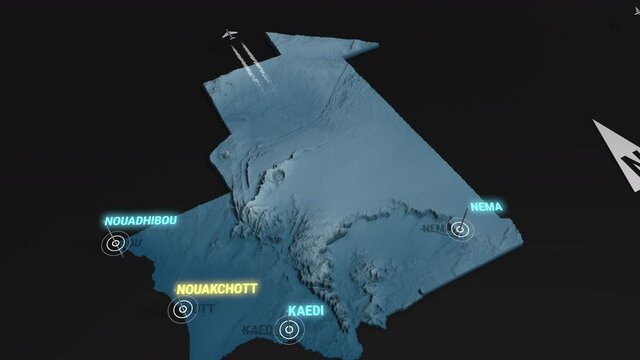 Seamless looping animation of the 3d terrain map at nighttime of Mauritania with the capital and the biggest cites in 4K resolution