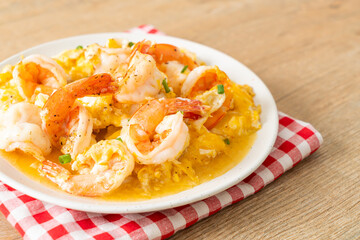 creamy omelet with shrimps or scrambled eggs and shrimps