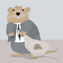 cartoon style illustration of a mouse stealing money