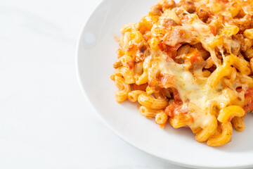 homemade macaroni bolognese with cheese