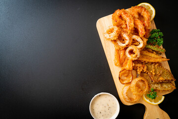 deep fried seafood (shrimps and squid) with mix vegetable