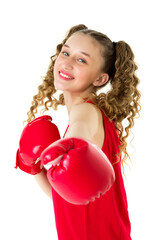 Happy teen girl in red sport uniform boxing gloves