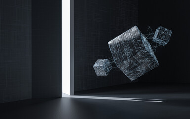 Cube and door, science and technology, 3d rendering.