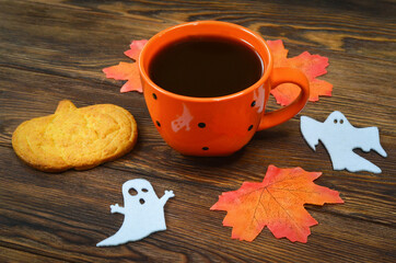 autumn halloween background fall leaves maple, sweet home made cookies shaped pumpkin,greeting...