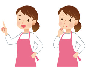 エプロンをつけた女性　主婦　表情ポーズ