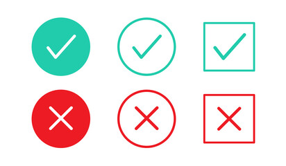 Green check mark and red cross icon. Set of True and false icons on white background. Vector illustration