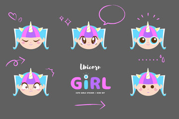 Unicorn Girl vector illustration icon set.