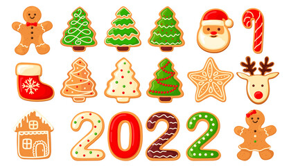 Set of cute gingerbread cookies for christmas. Isolated on white background. Vector illustration.