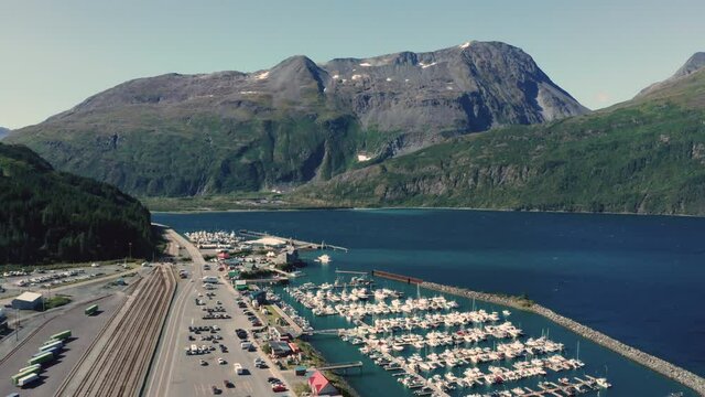 Aerial View Over the Marina and Waterfront of Whittier Alaska 