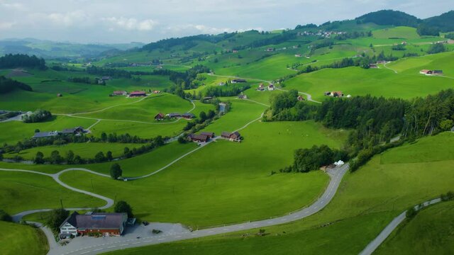 Aerial view around the town Appenzell in Switzerland on a overcast day in summer. 