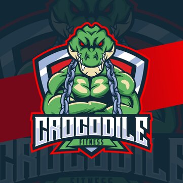 crocodile fitness mascot character design with muscle badge and chain