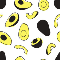 Doodle seamless pattern with avocado. Hand drawn stylish fruit and vegetable. Vector artistic drawing fresh organic food. Summer illustration vegan ingrediens for smoothies