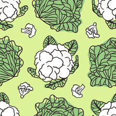Doodle cabbage seamless pattern. Hand drawn stylish fruit and vegetable. Vector artistic drawing fresh organic food. Summer illustration vegan ingrediens for smoothies