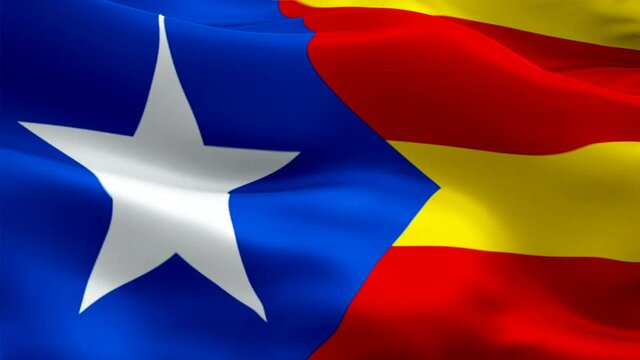Flag of Catalonia video waving in wind. Realistic Barcelona Flag background. Catalonia Flag Looping Closeup 1080p Full HD 1920X1080 footage. Catalan Catalonia EU country flags footage video 
