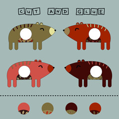 worksheet vector design, the task is to cut and glue a piece on colorful  bears. Logic game for children.