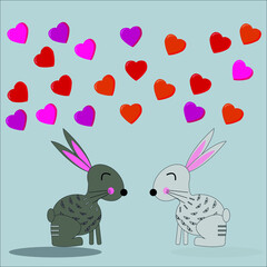 Cute loving rabbits  look at each other hearts fly above them on gray  isolated background