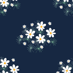 Chamomile seamless pattern. Flower background with white daisies on blue. Pattern for textiles, fabrics, bed linen, wallpaper. Decorative floral print for design with chamomile and daisies. Vector